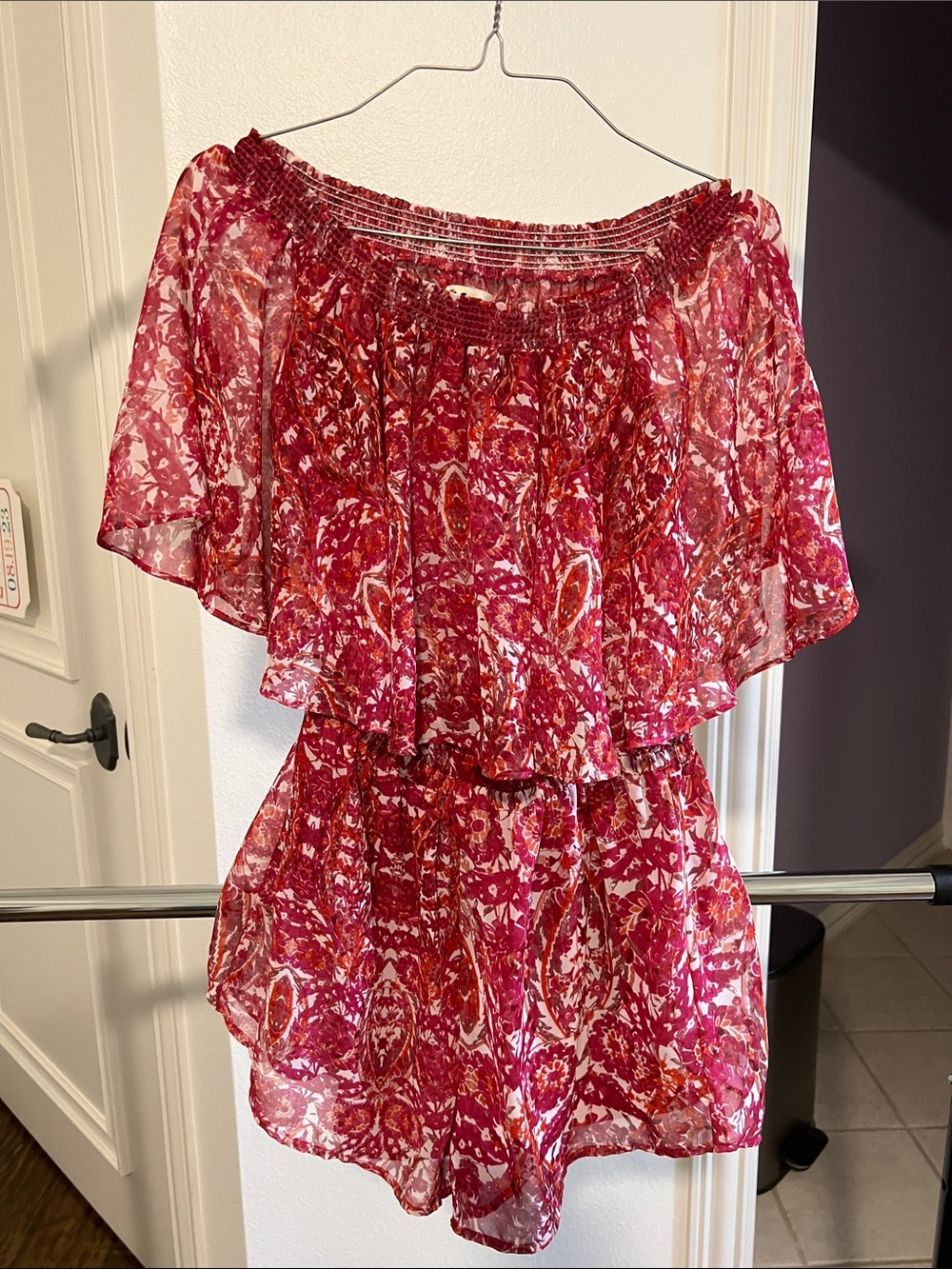 Show Me Your MuMu Red Pink Floral Off-Shoulder Rosarita Tiered Romper